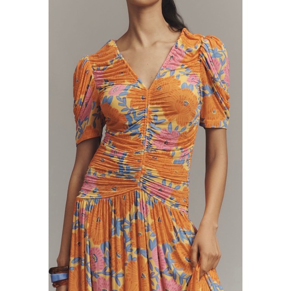 NWT Farm Rio Anthropologie Peony Floral Ruched Midi Dress Sz XS Colorful Stretch - Picture 13 of 13